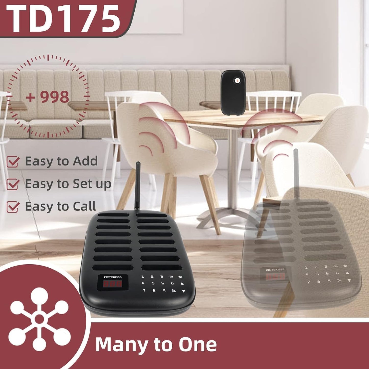 Retekess TD175 Restaurant Pager System, Restaurant Buzzer Pagers with Vibration, Mute Keyboard,3280ft Long Range,16 Beepers for Church, Nursery, Food Truck
