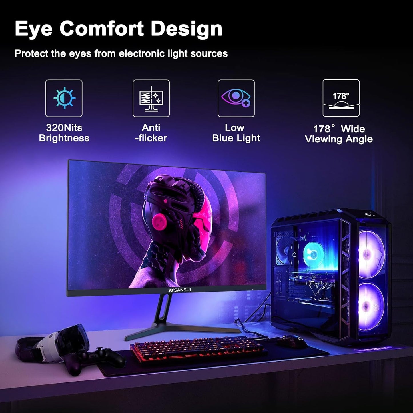 SANSUI 27 Inch WQHD 2560 x 1440P Gaming Monitor 180Hz/144Hz 1ms Fast IPS 2K Computer Monitor, HDMI 2.0 x2 | DP 1.2 x2 | VESA Mount, 120% sRGB HDR Eye Care Metal Stand(ES-G27F2Q DP Cable Included)
