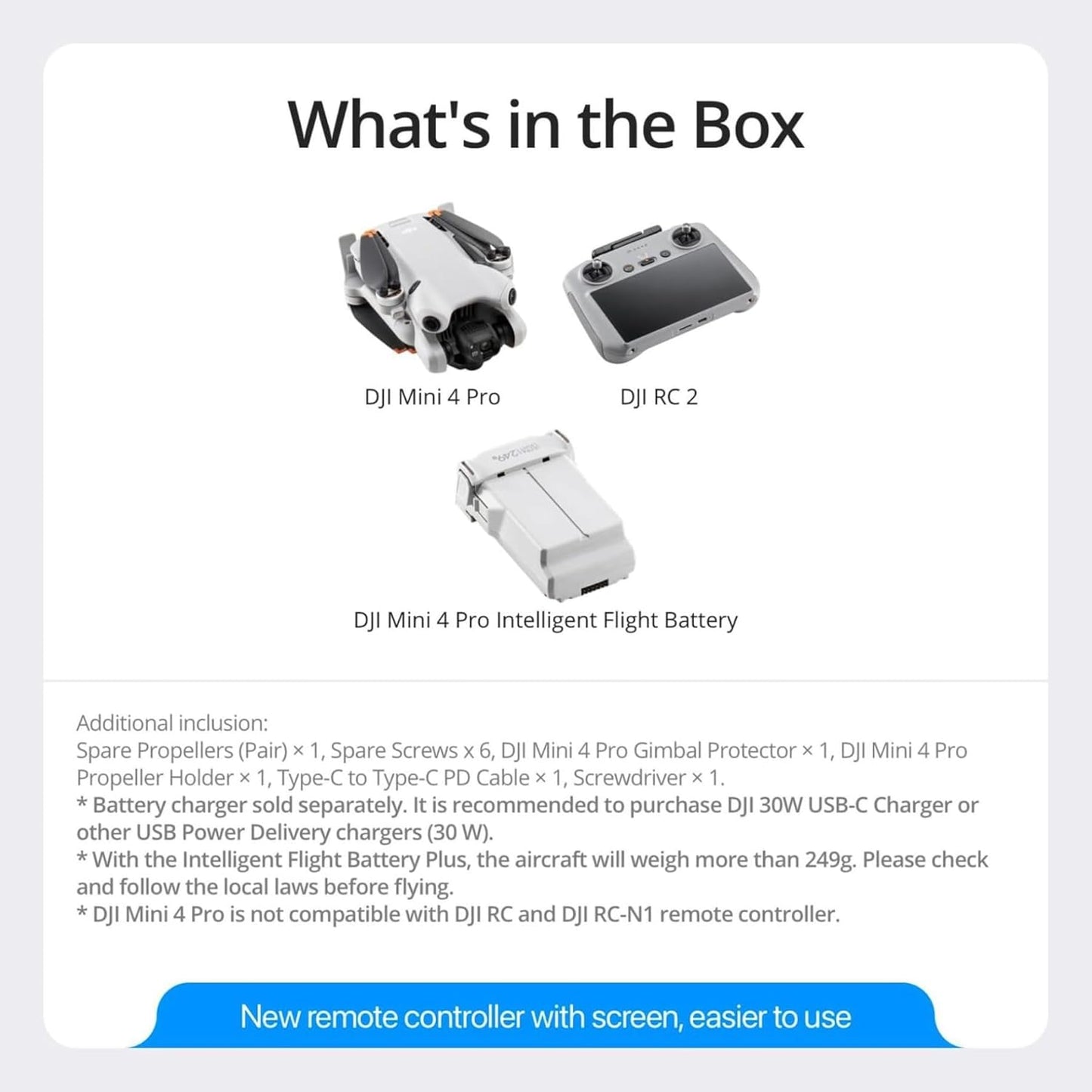 DJI Mini 4 Pro (DJI RC 2), Drones with Camera for Adults 4K, Under 0.549 lbs/249 g, 34 Mins Flight Time, 20km Max Video Transmission Distance, Omnidirectional Vision Sensing, Mini Drone for Beginners