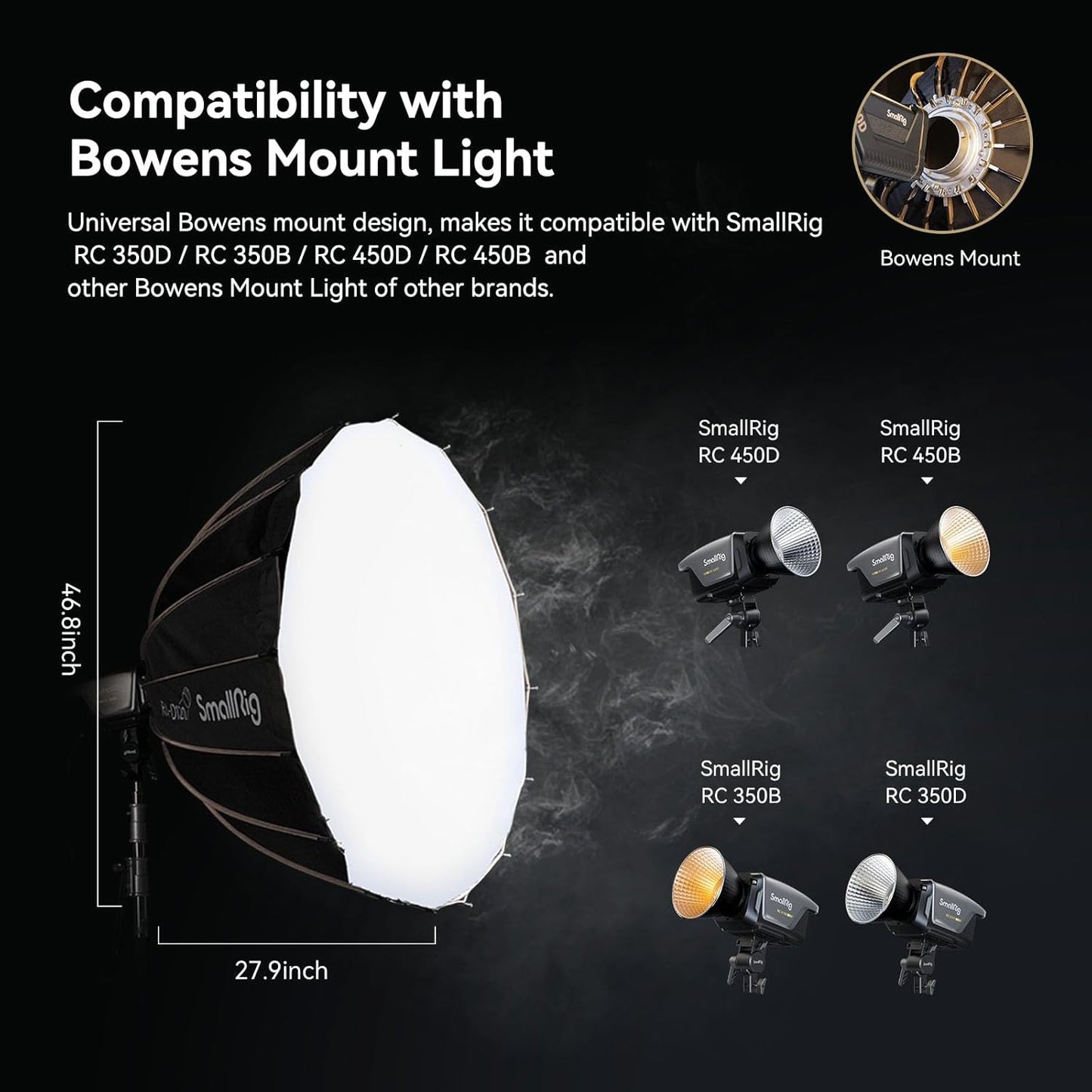 SmallRig Parabolic Softbox, Softbox Quick Release 47.2inch/120cm, Compatible with SmallRig RC 120D/RC 120B/RC 220D/RC 220B/RC 350D/ RC 350B/RC 450D/RC 450B and Other Bowens Mount Light - 4140
