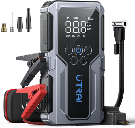Portable Car Jump Starter with Air Compressor, UTRAI 4500A 150PSI Car Battery Booster Jump Starter with Jumper Cables, LED Lights, Storage Case Battery Booster Pack (8.5L Gas/6.5L Diesel) (Grey)