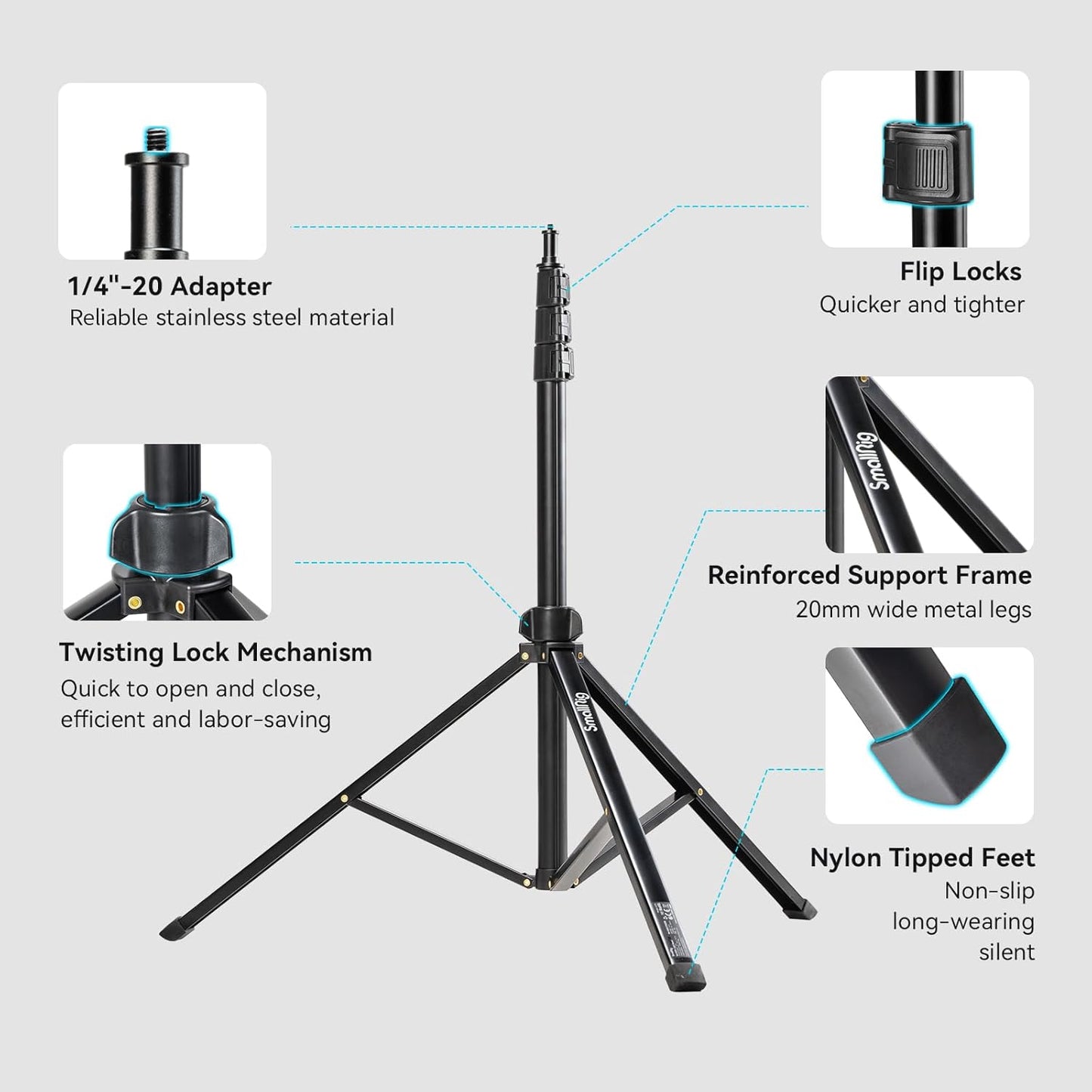 SMALLRIG 78.7"/ 200cm Light Stand Photography Tripod, Max Load 4kg, Compact Lightstand for Reflector, Ring Light, Small Softbox and COB Light, Umbrellas, Folded Size 22"/ 56cm RA-S200-4379