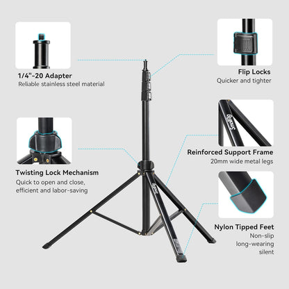SMALLRIG 78.7"/ 200cm Light Stand Photography Tripod, Max Load 4kg, Compact Lightstand for Reflector, Ring Light, Small Softbox and COB Light, Umbrellas, Folded Size 22"/ 56cm RA-S200-4379