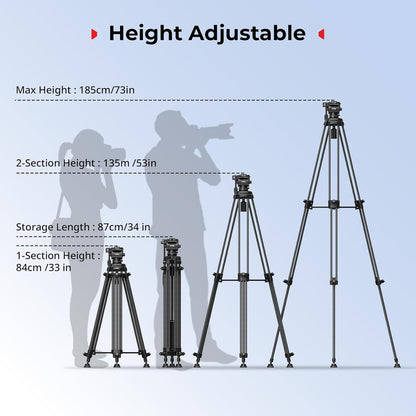 SMALLRIG 73''/185cm Carbon Fiber Heavy Duty Video Tripod, Max Load 10kg (22lbs), Fluid Head with +85° to -78 Tilt Range, Compact Travel Tripod Weight 2.7kg(6lbs), Folded Height 87cm, AD-14-5441
