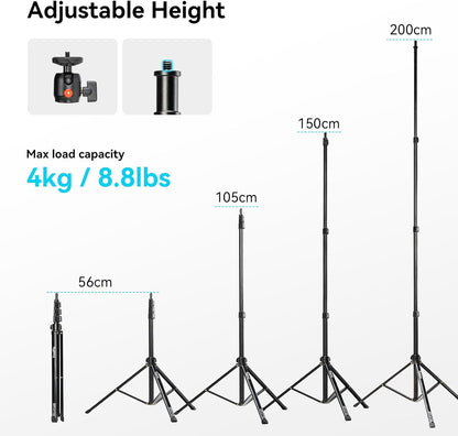 SMALLRIG 78.7"/ 200cm Light Stand Photography Tripod, Max Load 4kg, Compact Lightstand for Reflector, Ring Light, Small Softbox and COB Light, Umbrellas, Folded Size 22"/ 56cm RA-S200-4379