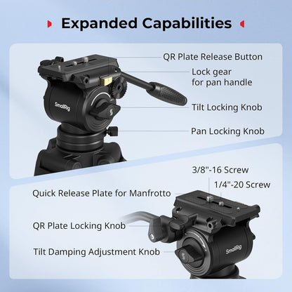SMALLRIG 73''/185cm Carbon Fiber Heavy Duty Video Tripod, Max Load 10kg (22lbs), Fluid Head with +85° to -78 Tilt Range, Compact Travel Tripod Weight 2.7kg(6lbs), Folded Height 87cm, AD-14-5441