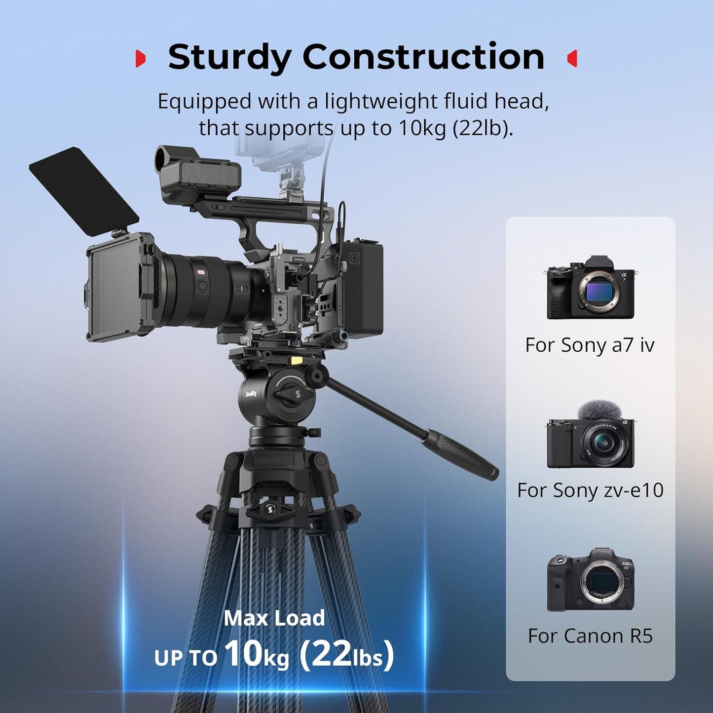SMALLRIG 73''/185cm Carbon Fiber Heavy Duty Video Tripod, Max Load 10kg (22lbs), Fluid Head with +85° to -78 Tilt Range, Compact Travel Tripod Weight 2.7kg(6lbs), Folded Height 87cm, AD-14-5441