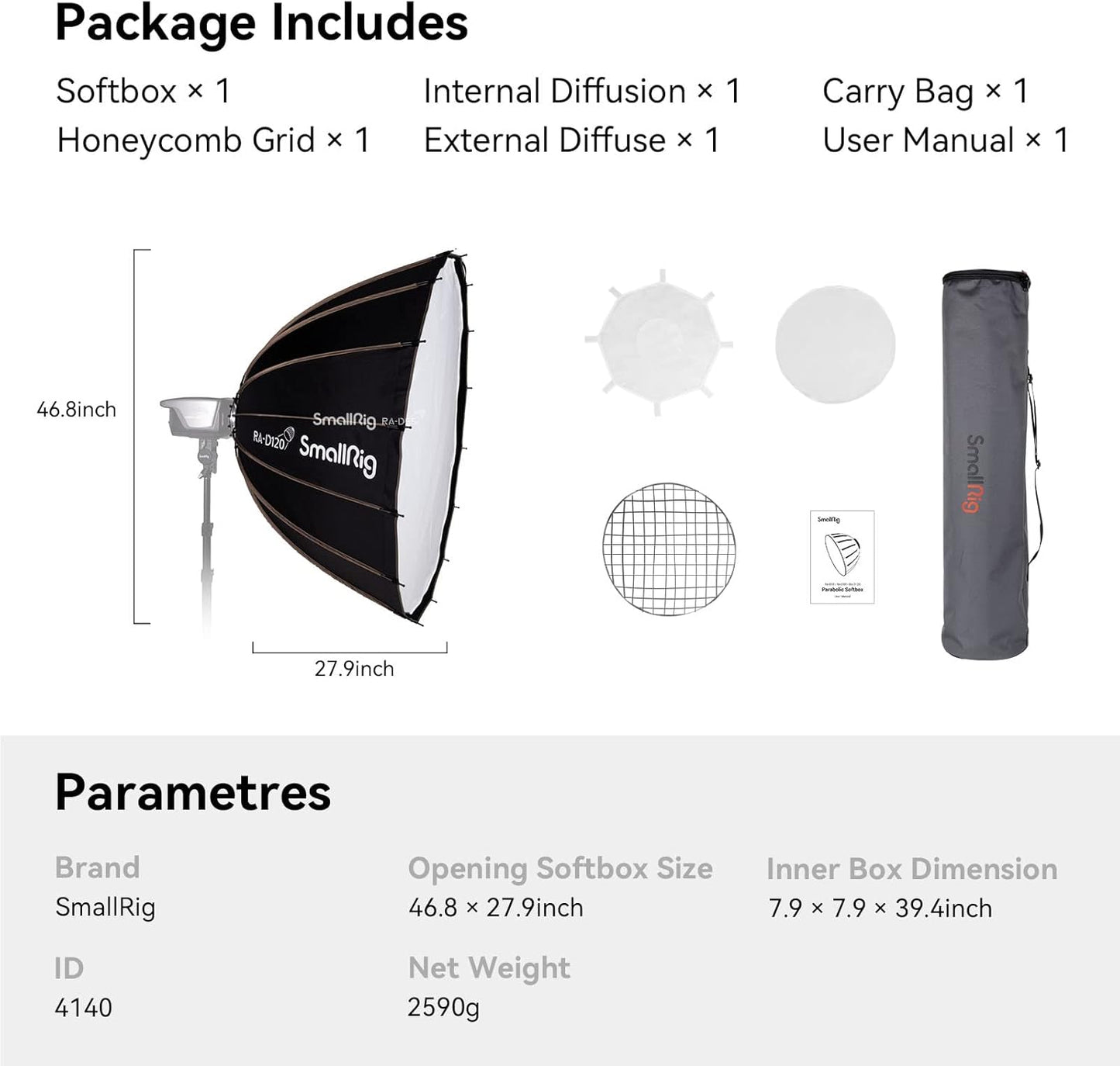SmallRig Parabolic Softbox, Softbox Quick Release 47.2inch/120cm, Compatible with SmallRig RC 120D/RC 120B/RC 220D/RC 220B/RC 350D/ RC 350B/RC 450D/RC 450B and Other Bowens Mount Light - 4140