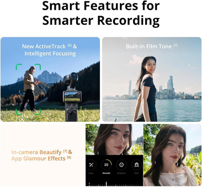 DJI Osmo Pocket 4 Essential Combo, Pocket Gimbal Vlog Camera, 1″ CMOS & 4K/240fps, 3‑Axis Stabilization, 2× Lossless Zoom, 14‑Stop Dynamic Range, 107GB Built‑in Storage, Handle with 1/4″ Thread