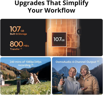 DJI Osmo Pocket 4 Essential Combo, Pocket Gimbal Vlog Camera, 1″ CMOS & 4K/240fps, 3‑Axis Stabilization, 2× Lossless Zoom, 14‑Stop Dynamic Range, 107GB Built‑in Storage, Handle with 1/4″ Thread
